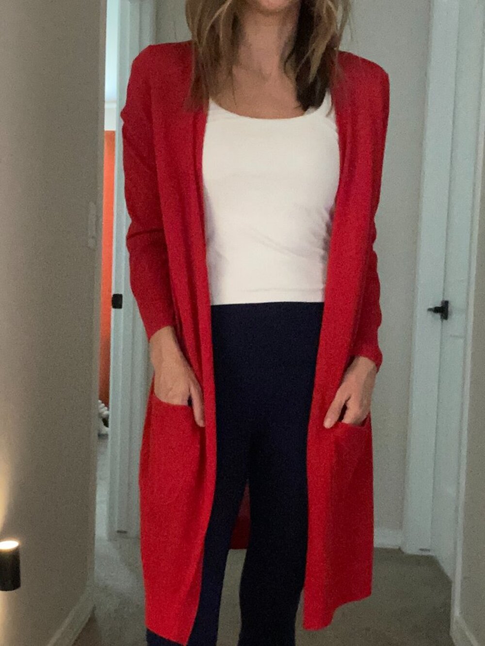Halogen Petite Red Linen Blend Duster Cardigan Small Open Front Longline Sweater